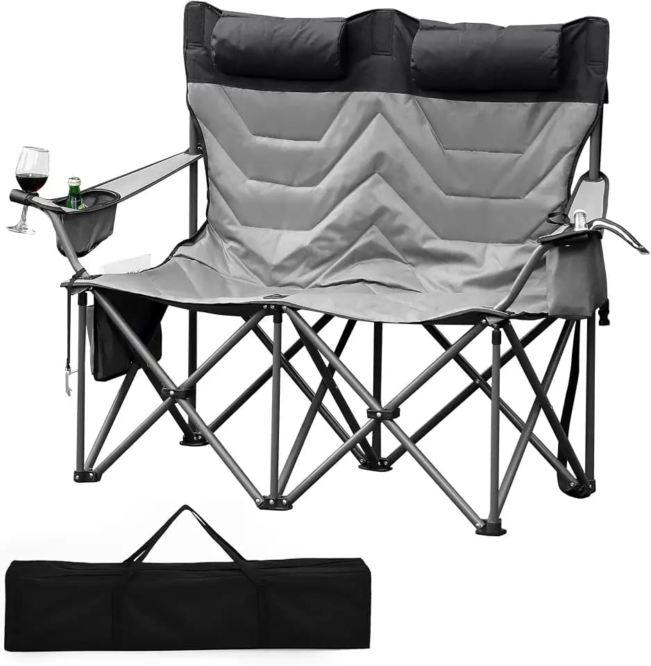 GarveeLife Oversized Double Folding Camping Chair Loveseat, Heavy Duty Outdoor Padded Portable Chair for 2 Person with Cup Holder, Cooler Bag, Side & Back Pocket, 450 LBS Capacity, Grey
