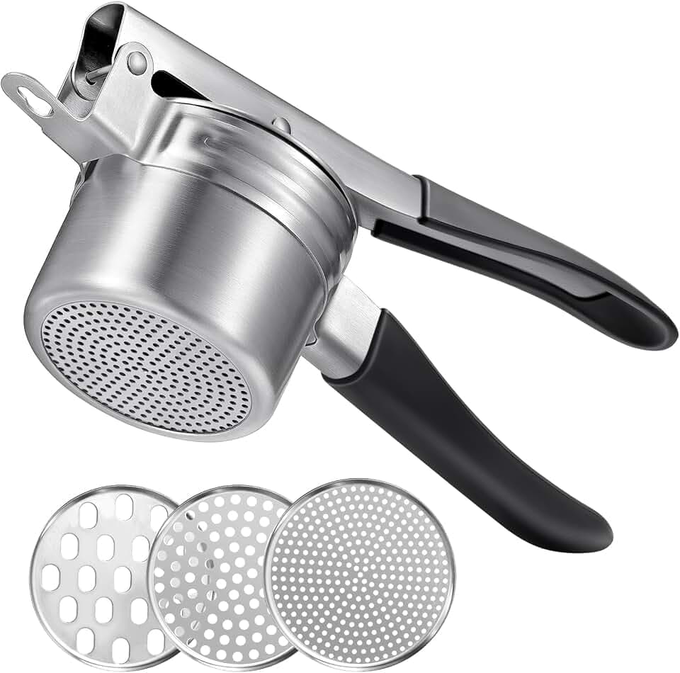 Sopito Kartoffelpresse Edelstahl, 3 Siebe, Silikongriff Stampfer für Püree