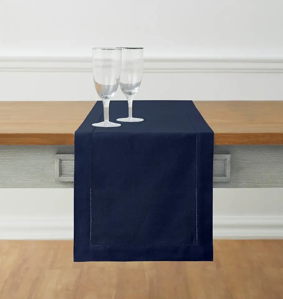 Solino Home Cotton Linen Table Runner Navy, Hemstitch Collection 14 x 72 in