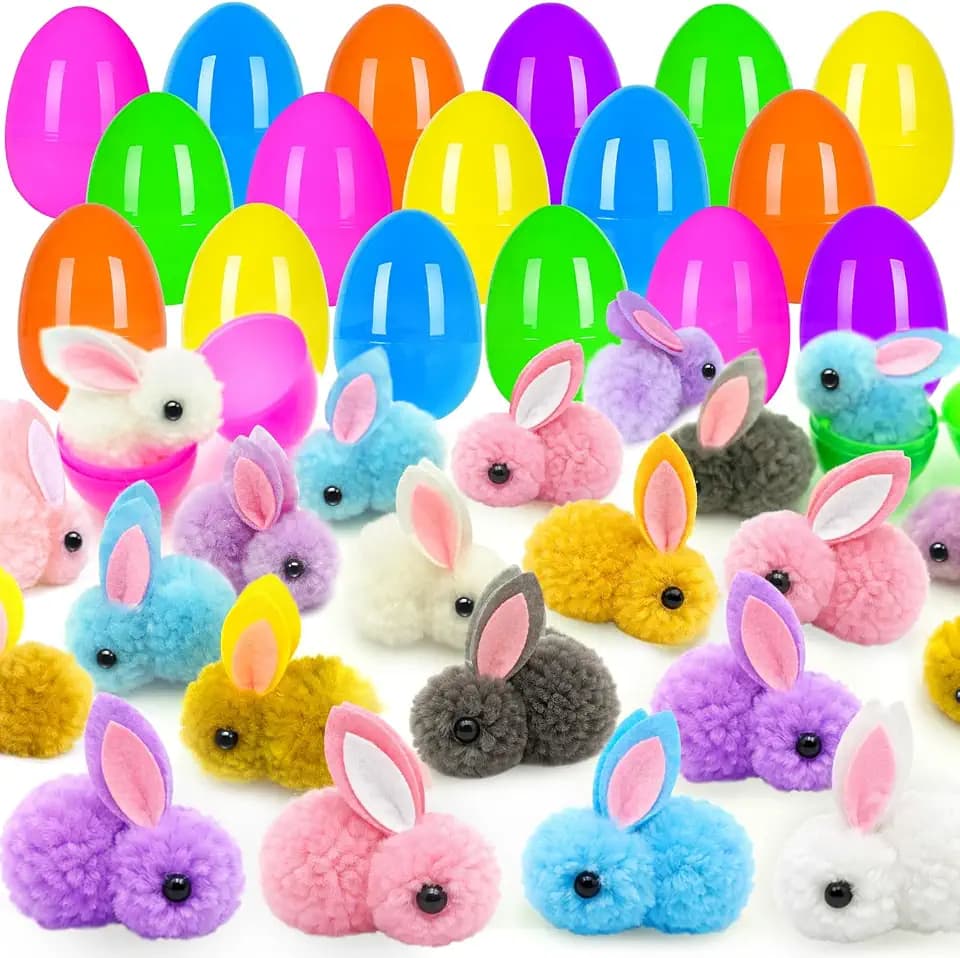 24 Pack Easter Eggs Filled Plush Bunny Toys, Mini Colorful Bunny Egg Fillers for Kids Toddler Boys Girls Easter Egg Hunt Classroom Prize Supplies Basket Stuffers Easter Party Favors