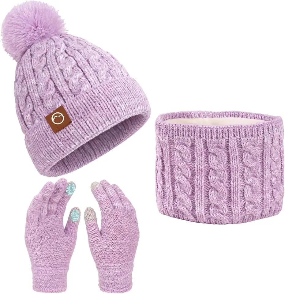 Mädchen Wintermütze, Schal, Handschuhe, Set, Kinder, weiche, warme Mütze, Halswärmer, Fäustlinge für 4–10 Jahre alte Mädchen
