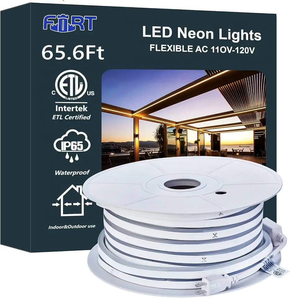 FORT LED Neon Rope Lights Outdoor Warm White‌ 65.6FT led Lights Strip- 120V ETL Certifie Waterproof for Christmas/Wedding/Garden/Patio/Party/Walkway/Deck Railing/soffits/Playhouse Decoration