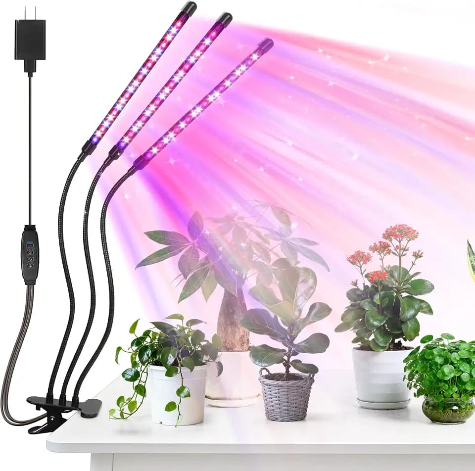 Led Grow Lights, 3 Heads Red Blue Plant Light with Clamp for Indoor Plants & Seed Starting, 10-Level Dimmable, Auto On Off, Timing 3 9 12Hrs