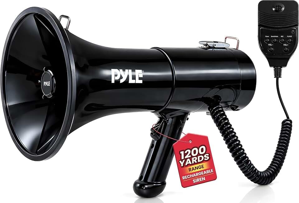 Pyle 100-Watt Rechargeable Megaphone Bullhorn, Lightweight & Portable Loudspeaker with Aux (3.5mm) Input for MP3/Music, MIC/Talk, Automatic Siren & Whistle, 1200 Sq Yards Range, Black