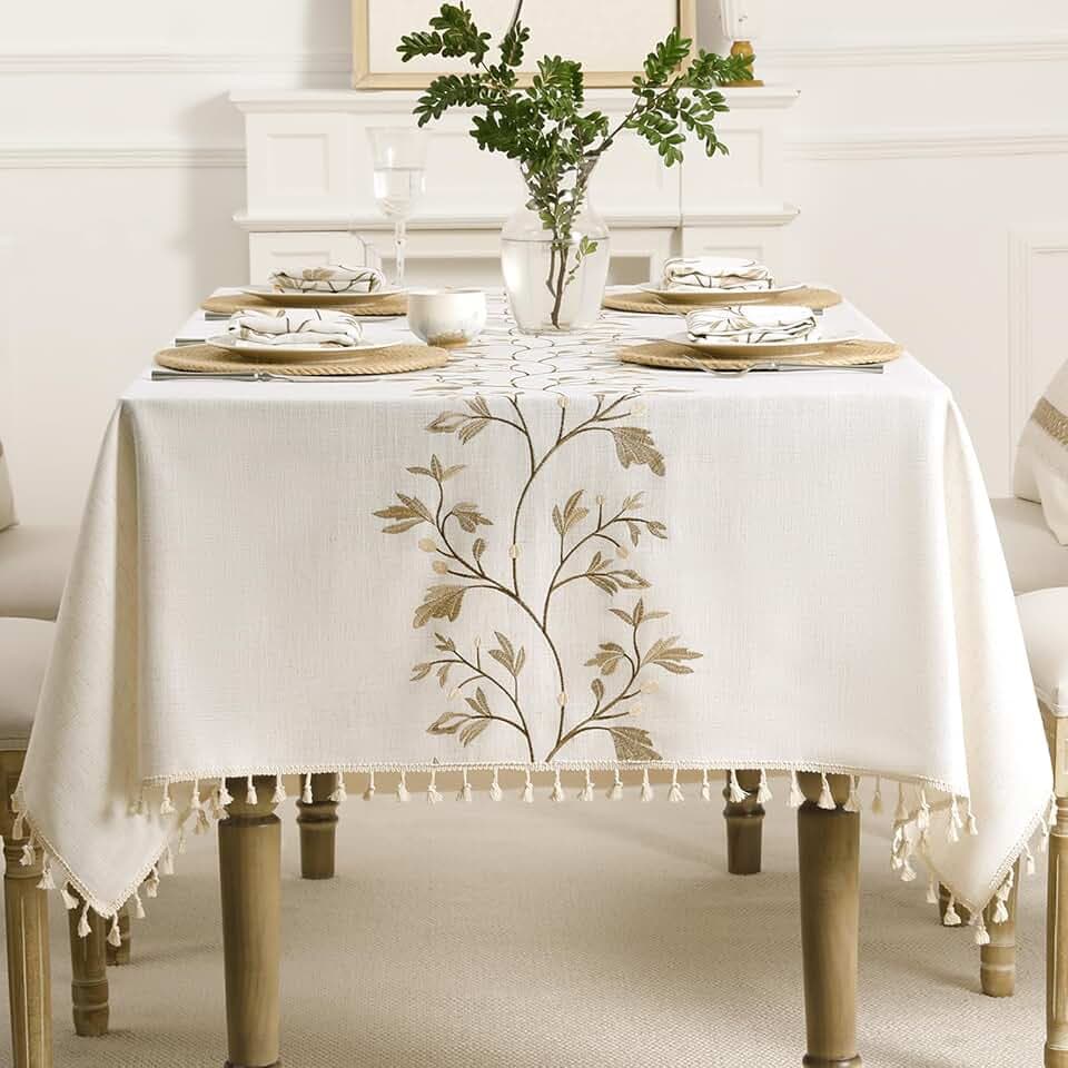 Cotton Linen Rectangle Tablecloth with Tassel for Dining Table, Heavy Duty Floral Farmhouse Coffee Kitchen Table Cloth Wrinkle Free Table Cover - Golden Flower, 55x55 Inch