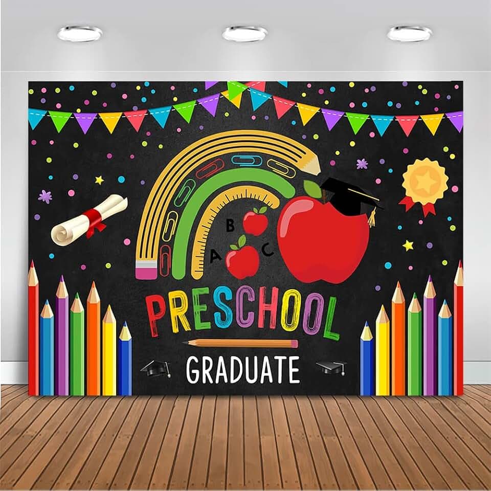 Mocsicka Preschool Graduate Backdrop Pre Kindergarten Congrats Grad Party Supplies Decoration Class of 2026 Graduation Ceremony Background Photo Prop (Black, 8x6ft(96x72 inch))