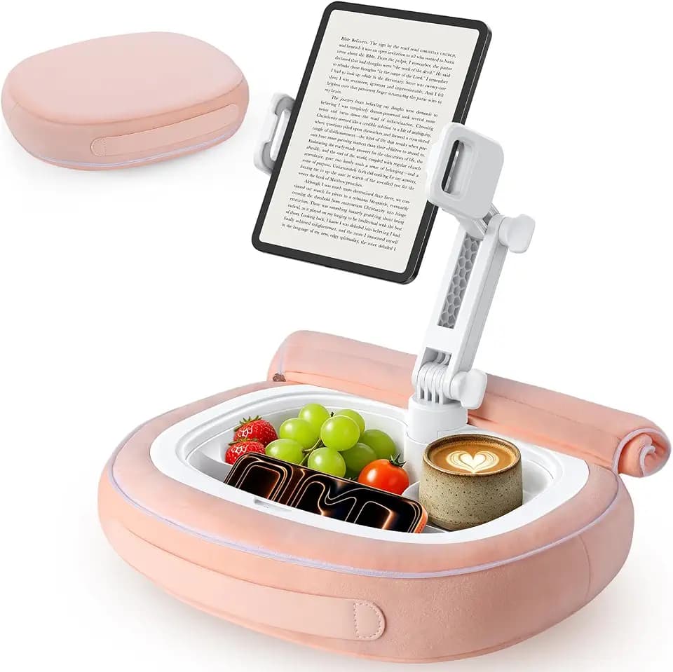 RIWUCT Tablet Pillow Stand for Bed, [Adjustable & Stable] Kindle Holder for 5-12.9" Phone/iPad/Tablet/E-Reader with 360° Rotating Clip & Snack Bowl, for iPad Stand Hands-Free Reading on Bed/Sofa, Pink