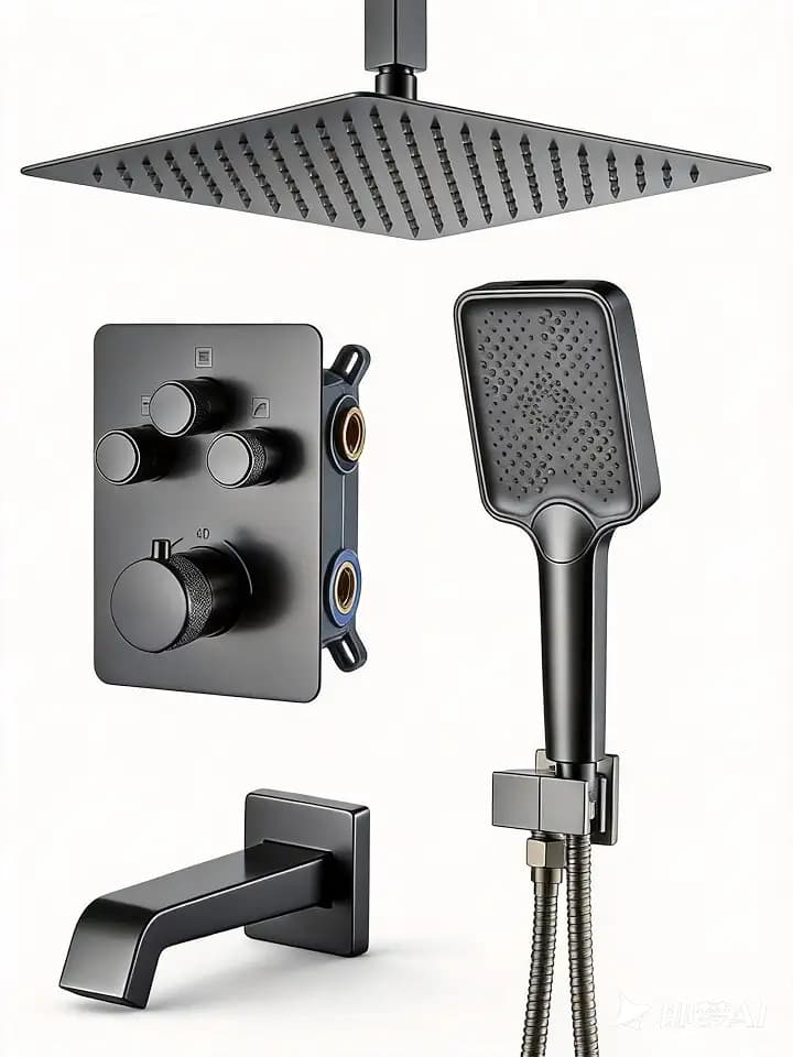 Shower System with Pressure Balance Valve, 12" Ceiling Mount Shower Faucet Set with 2 Rain Shower Head And Multi-function Handheld Head Push Button Diverter Pressure Balancing Valve Kit, Matte Black