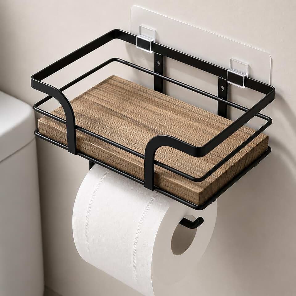 Toilettenpapierhalter mit Ablage – Klopapierhalter, Holz & Metall | mit Ablage für Feuchttücher & Handy, Selbstklebend & Wandmontage, WC Rollenhalter für Bad/Wohnmobil