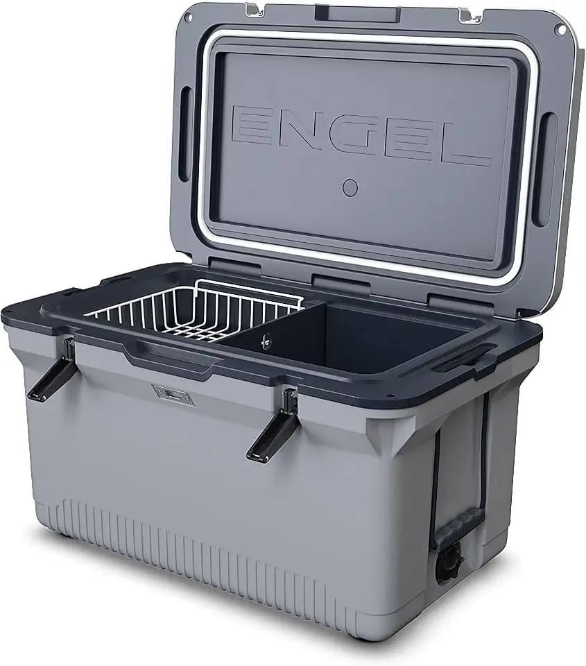 ENGEL 60 QT Ultra-Light Injection Molded Cooler - Ice Chest Keeps Ice up to 7 Days - Cooler Includes Wire Basket, Divider and Built-in Bottle Opener