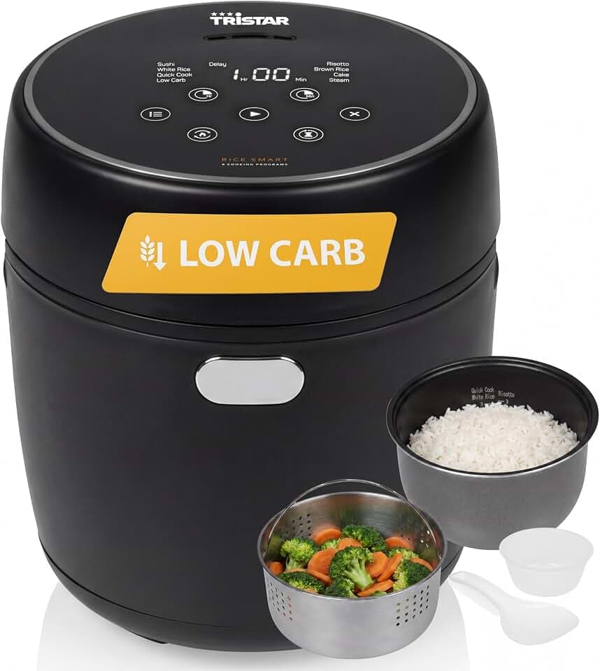 Tristar Digitaler Reiskocher mit Low-Carb-Funktion, 8 Automatikprogramme, 0,6 L Reis Kapazität, Digitales Bedienfeld, Leicht zu Reinigen, RK-6238