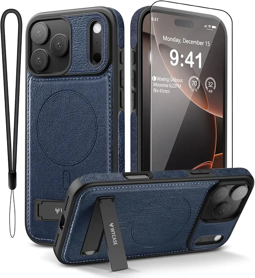 WTCASE Magnetic for iPhone 17 Pro Max Leather Case,Built-in Invisible Stand [Compatible with Magsafe] Protective Slim Kickstand Phone Cover for iPhone 17 Pro Max, Blue