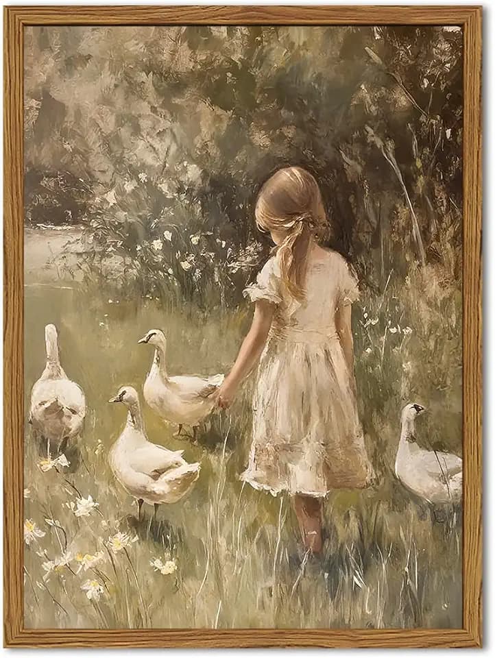 Framed Vintage Wall Art, Rustic Cute Girl with Duck Pictures Wall Decor, Farmhouse Cottagecore Paintings Country Nature Animal Canvas Prints for Living Room Bedroom Home 16x24 inch