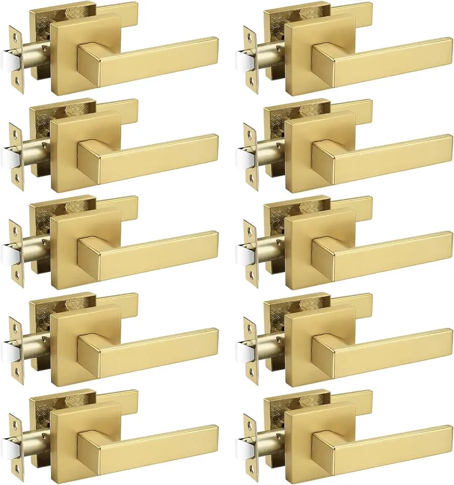 Probrico 10 Pack Heavy Duty Gold Passage Door Handle,Square Satin Brass Door Lever for Hallway and Closet, Keyless Reversible No-Locking Interior Door Knobs Both Fit Right & Left Handed Side