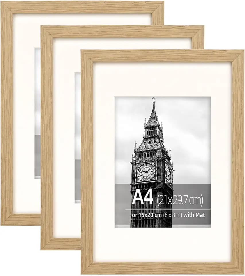 A4 (21 x 29,7 cm) moderner, gerader Bilderrahmen-Set, strukturierte Holzmaserung, mattiert auf 15 x 20 cm, 3 Stück (Eiche natur)