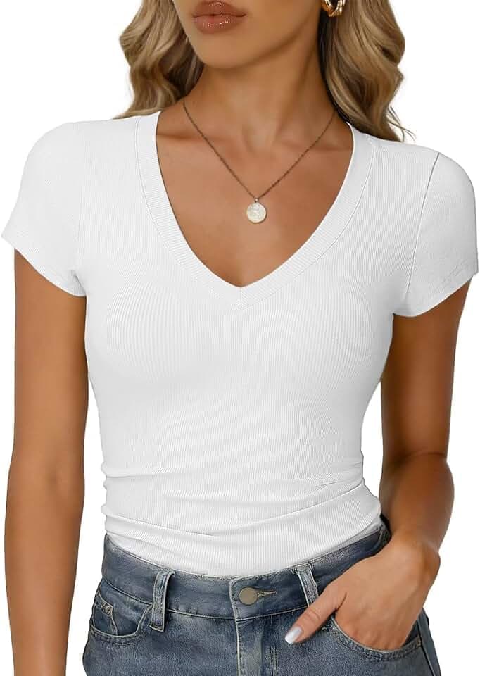 RIROW Damen Sommer T-Shirt V-Ausschnitt Kurzarm Rippstoff Slim Fit Basic