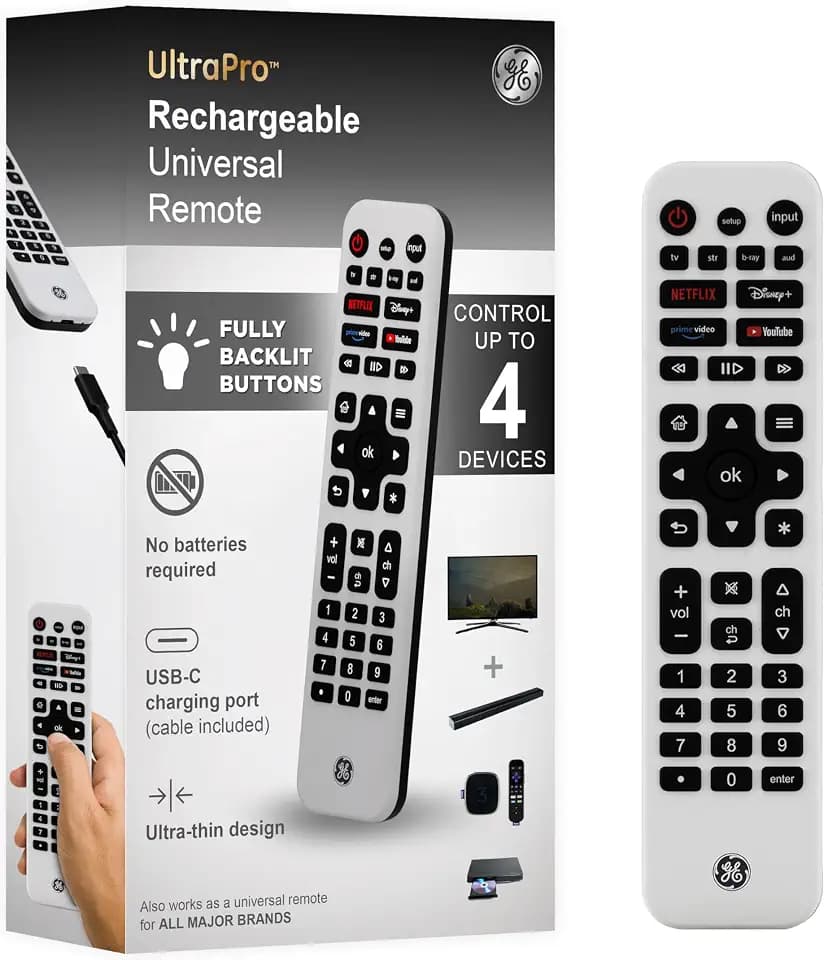 GE Rechargeable TV Remote Control, Universal Remote Control, Backlit