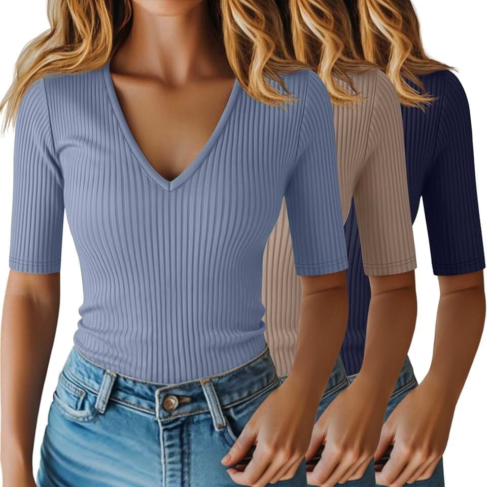Riyiper 3 Pack Womens Half Sleeve V Neck Ribbed Tops