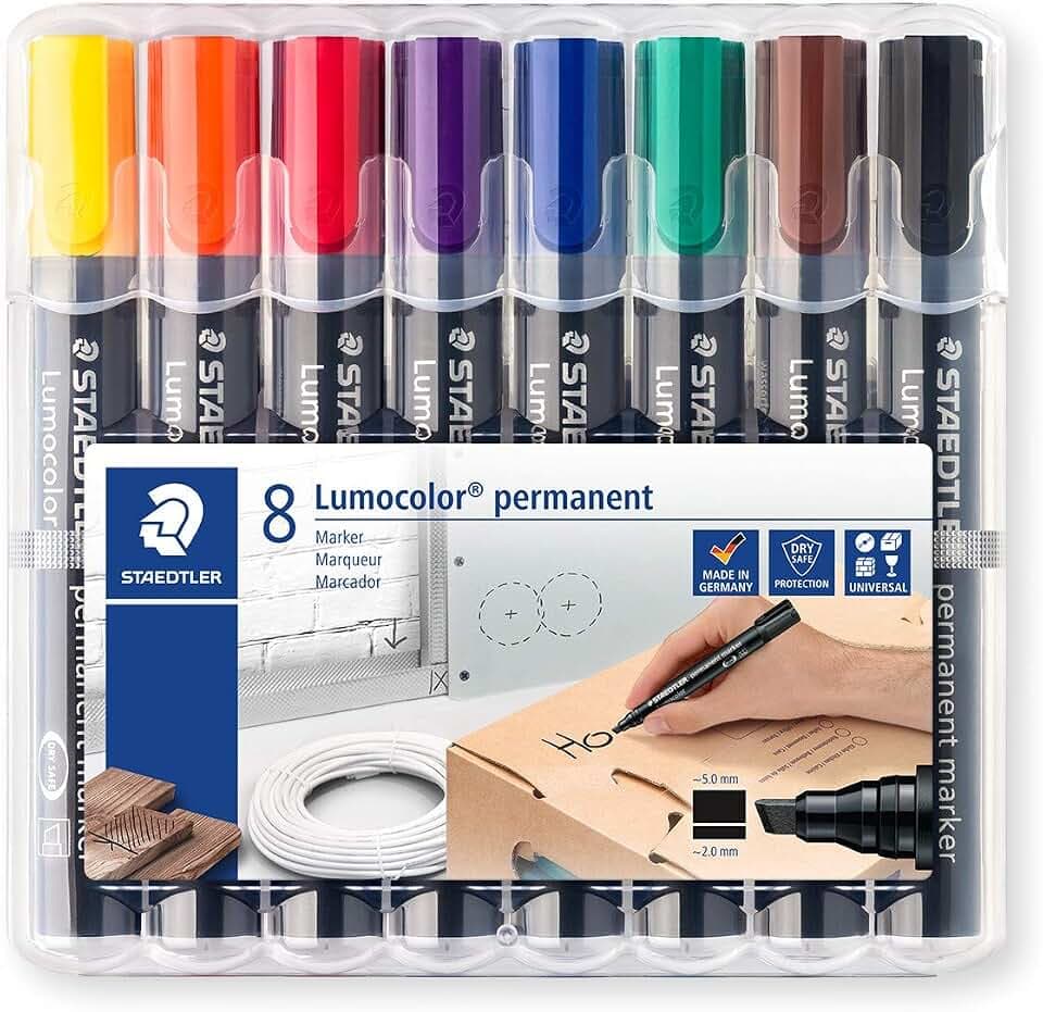 STAEDTLER permanent Marker Lumocolor, Keilspitze 2 mm oder 5 mm, wisch- und wasserfest, nachfüllbar, farbintensiv, geruchsarm, 8 Farben in der aufstellbaren STAEDTLER-Box, 350 WP8