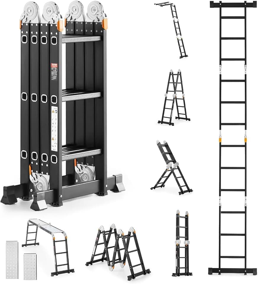 VEVOR Mehrzweckleiter, 7-in-1-Multifunktionsleiter, A-Rahmen mit 3 Stufen und Gerüstbrett, Teleskopleiter, Leitergerüst 3550 mm, robuste Leiter, 150 kg Tragkraft, für den Außenbereich zu Hause