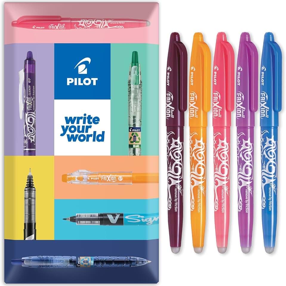PILOT Frixion Heat/Friction radierbarer Tintenroller FR7, mittlere Strichstärke, 0,7 mm Spitze, 5 Stück in Umschlag-Geschenkverpackung, Weinrot, Korallenrosa, Aprikosenorange, Violett und Himmelblau