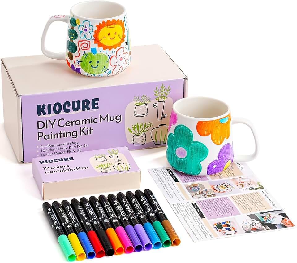 Kiocure Keramik Tassen Bemalen Set: 2x Weiße Porzellan Tasse & 12x Porzellanstifte Spülmaschinenfest, DIY Kreativ Geschenke Set für Erwachsene Basteln