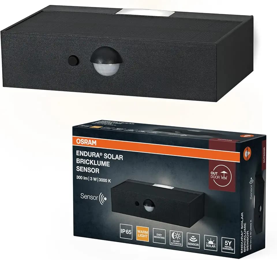 Osram ENDURA STYLE BRICKLUME Sensor, Solarleuchte, 3W, 300lm, grau, dunkelgrau, indirekte Beleuchtung, Bewegungsmelder, Tageslichtsensor, IP65, 3.000K Farbtemperatur, warmweiße Lichtfarbe