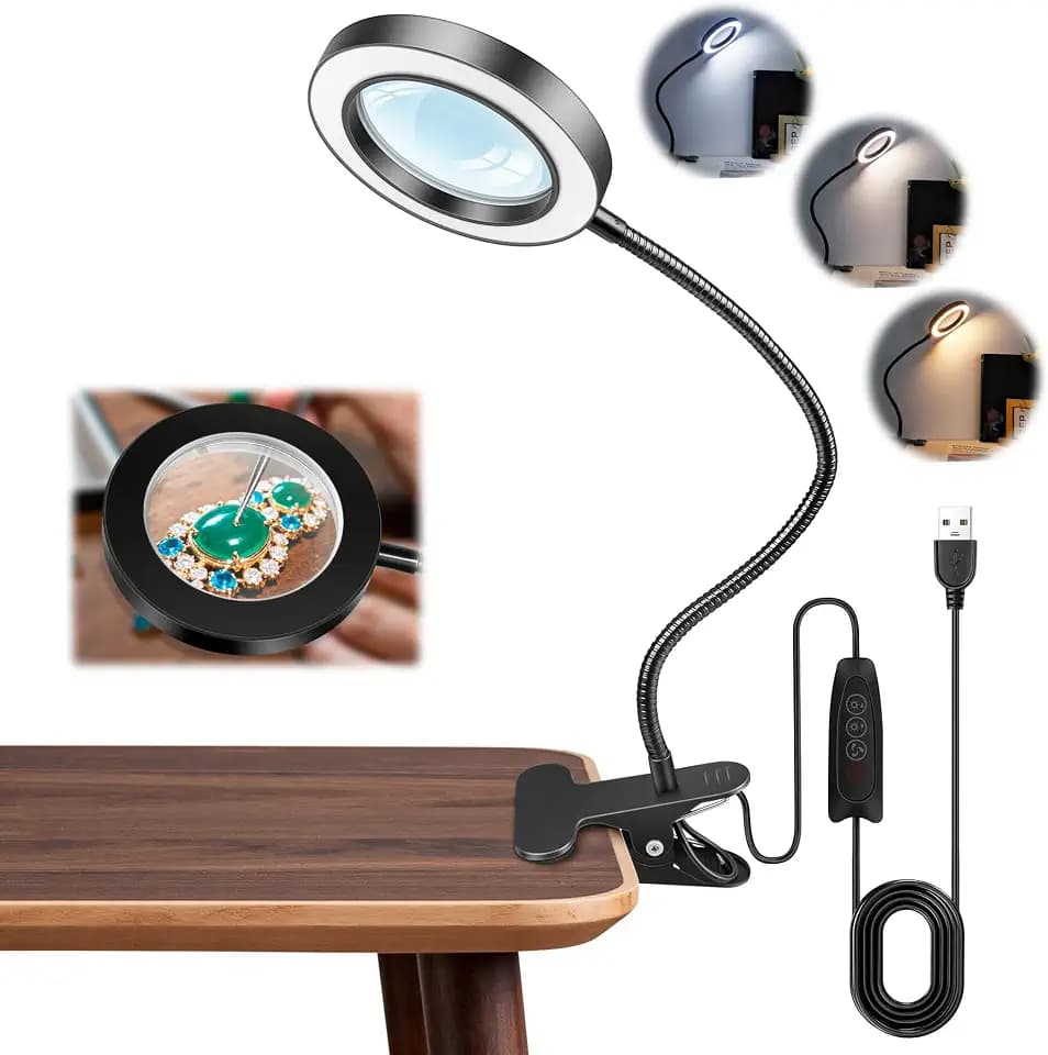 Akynite 10x Lupe mit Licht und Klemme, 3 Farben 10 Helligkeite, LED Lupe mit Licht und Schwanenhals für Handwerk Hobby Malerei Modellmaler, USB Klemmlampe Lupenlampe zum Lesen, Schwarz