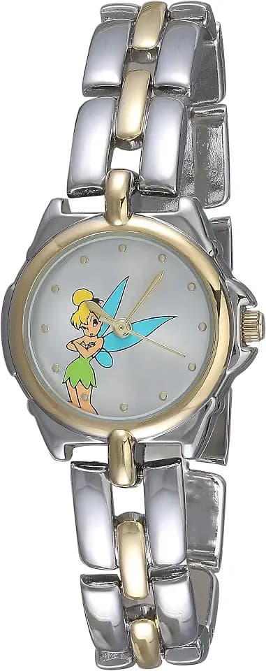 Disney Tinker Bell Kids Watch with Silver Metal Bracelet, Gold Link Accents, Sunray Silver Dial and Printed Tink Artwork, Analog Display, Fits Wrists 5.5" to 8"