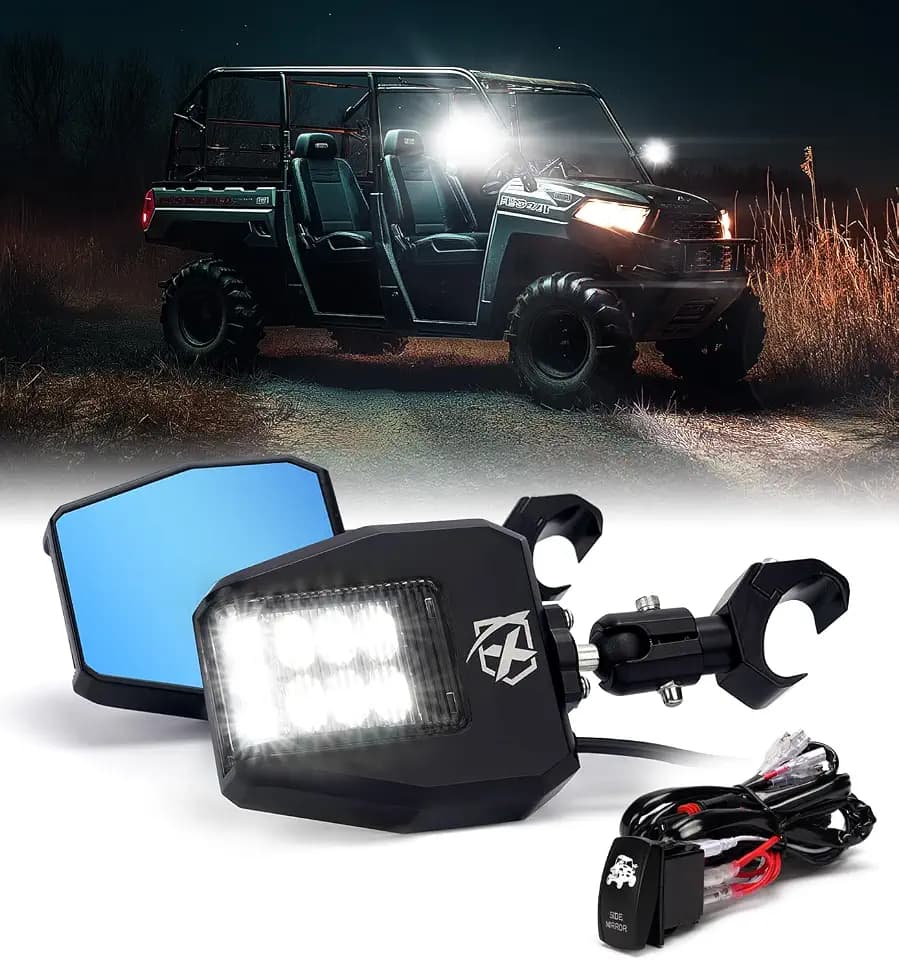 Xprite UTV Side View Mirrors Aluminum w/LED Spot Lights for Pro-Fit Cage