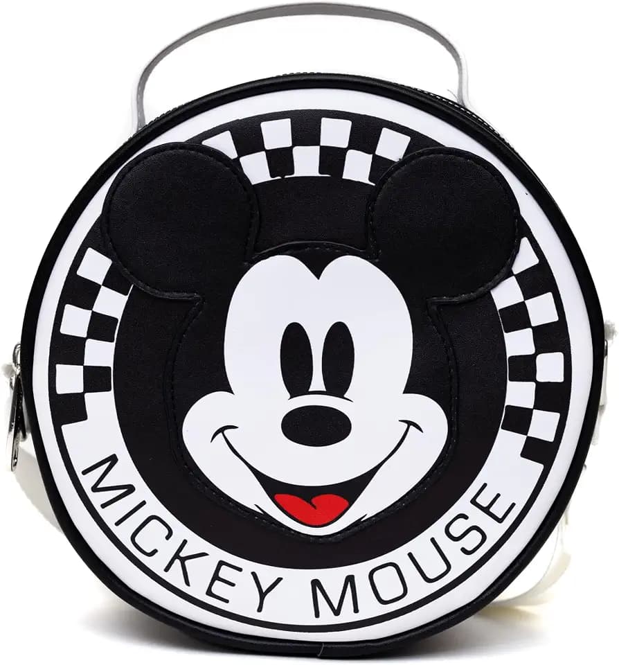 Disney Bag, Crossbody, Round, Mickey Mouse Smiling Face Applique Checker White Black, Vegan Leather
