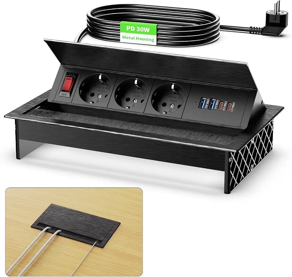 3-Fach versenkbare Steckdosenleiste mit 2 USB-C PD 30W und 2 USB-A, Aluminium Einbausteckdose mit Schalter, versenkbare Tischsteckdose für Arbeitsplatte, 1,8 m Kabel, Schwarz
