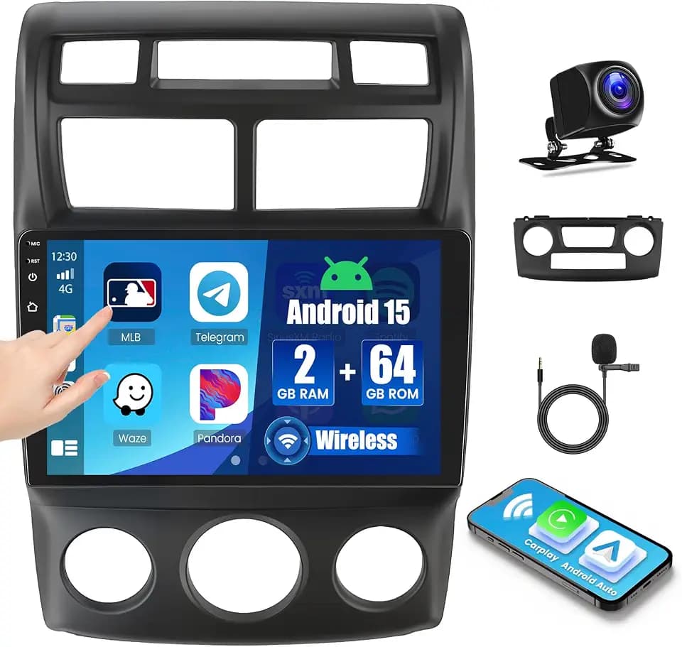 2G+64G Android 15 Car Stereo for Kia Sportage 2007-2013 Wireless Carplay Android Auto 9 Inch Touchscreen Car Radio Bluetooth 5G WiFi GPS SWC FM DSP CarPlay Head Unit+Free Cam