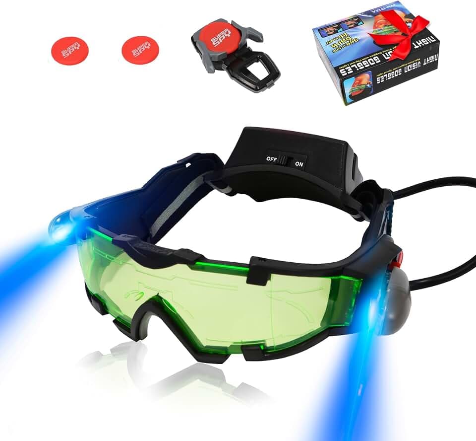 Kids Night Vision Goggles with Spy Frisbee Toys, 2 PCS Spy Lens/Glasses Toys with Flip-Out Lights Green Lens, Adjustable Spy Gear Night Mission Goggles Kit for Kids 6 7 8 9 10 11 12 Boy Gifts