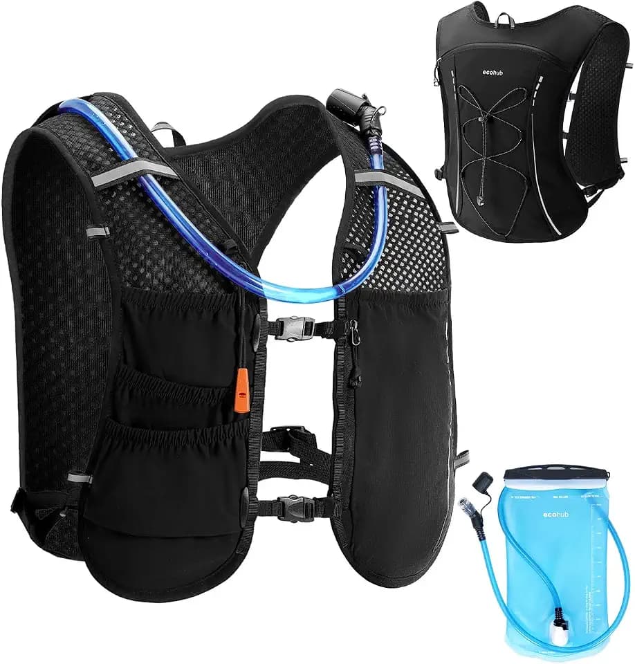 ECOHUB Laufweste für Damen & Herren, Verstellbare Laufweste mit 2L Trinkflasche, Ultraleicht & Atmungsaktive Trinkrucksack, Reflektierend Trinkweste Laufen, Running Vest für Wandern Trail(Schwarz)
