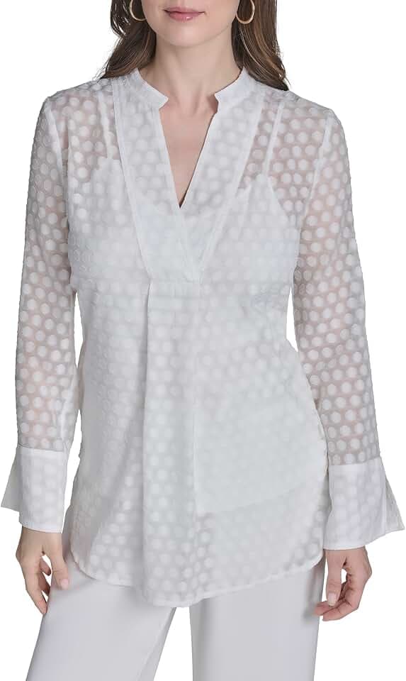 H Halston Womens Long Sleeve V-Neck Dotted Chiffon Top