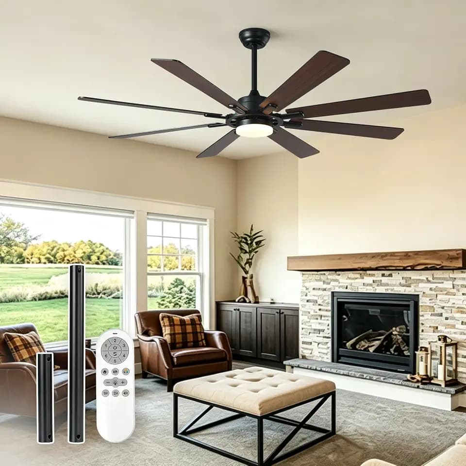 62 inch Outdoor Ceiling Fan with Light, 8wood-grain blades. Dimmable 3Color Temp LED&6Speeds Remote,SilentReversible DC Motor, Damp Rated LargeFan for indoor Living Room,Covered Patio Front Porch