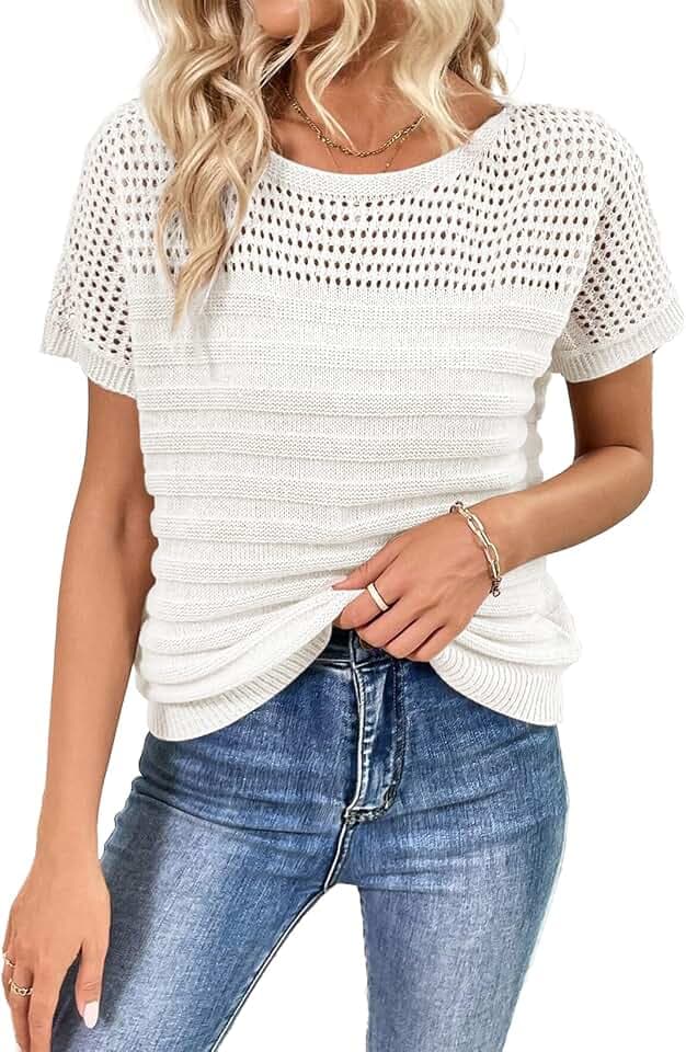 SHEWIN Womens Sweaters Crew Neck Short Sleeve Shirts Summer Tops Knit Hollow Out T Shirts Sweater Blouses