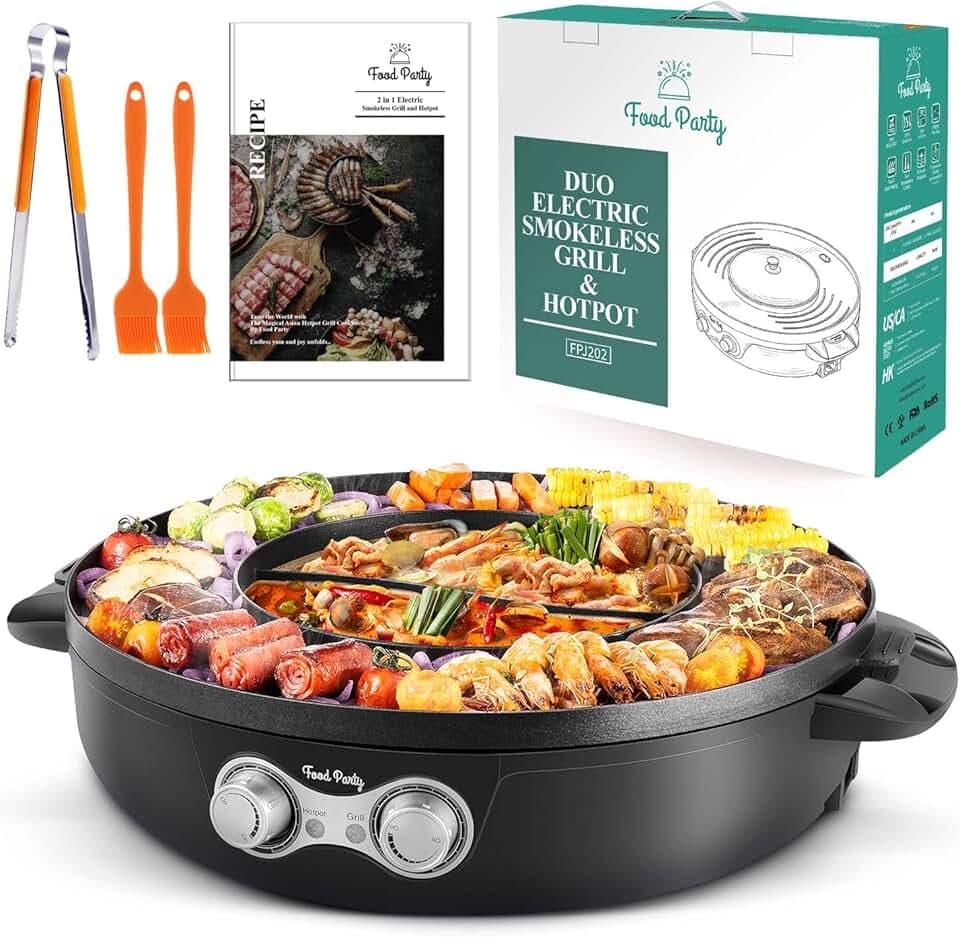 Food Party Hot Pot und Tischgrill Elektrisch Hotpot Topf Elektrogrill 220V 2200W 2 in 1 Electric Hot Pot Indoor Korean BBQ Grill Thai Barbecue Fondue für 8 Personen (Abnehmbarer Hotpot Grill 2.0)