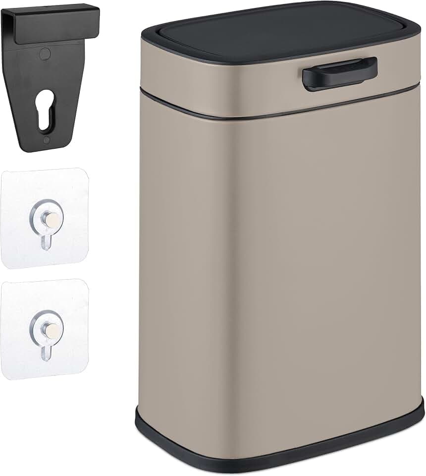 Relaxdays Küchenmülleimer 5 L, hängender Biomüllbehälter, Inneneimer, Aufhängung & Klebepads, Türmüllbehälter, beige