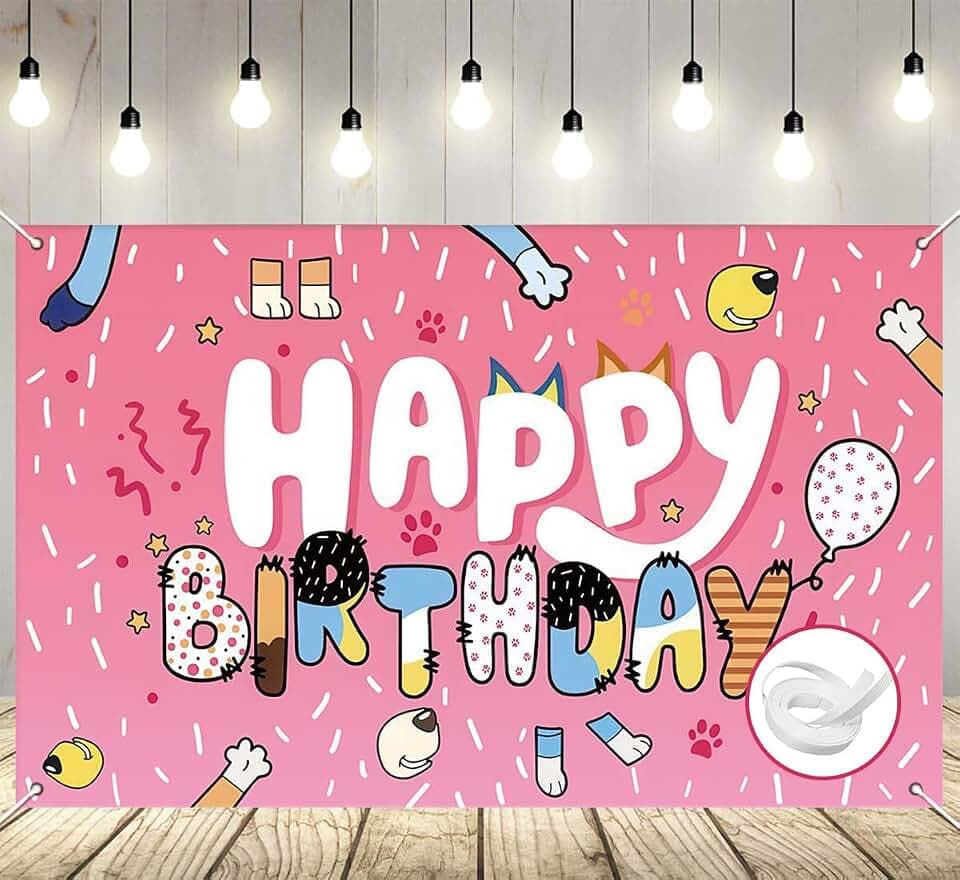 7x5ft Blue Dog Birthday Backdrop with 32ft Ribbon, Birthday Party Decoration Background, Pink Cute Cartoon Theme Photo Banner for Girl, Woman, Kid, Adult