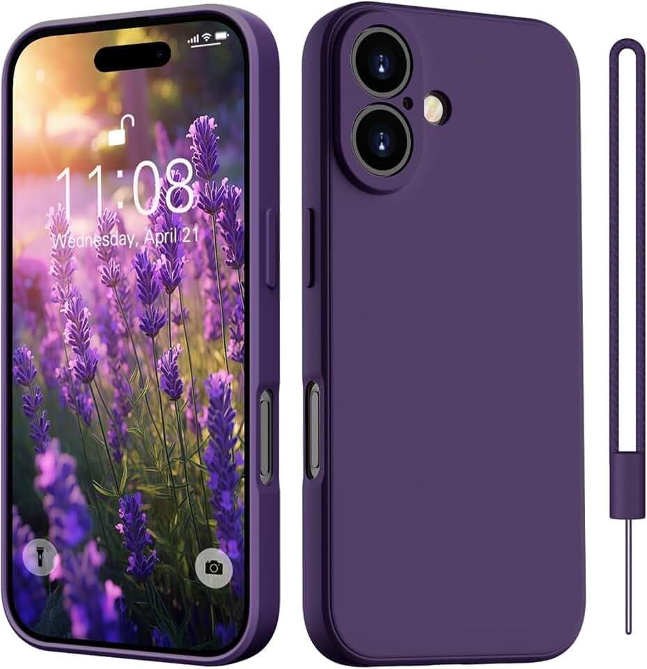 HGH für iPhone 16 Hülle Silikon mit 1 Lanyard, Handyhülle für iPhone 16 Dünn Rundumschutz mit Microfiber-Innenfutter Kratzfest Schutzhülle Case Hülle für iPhone 16 6.1" Dunkel Violett