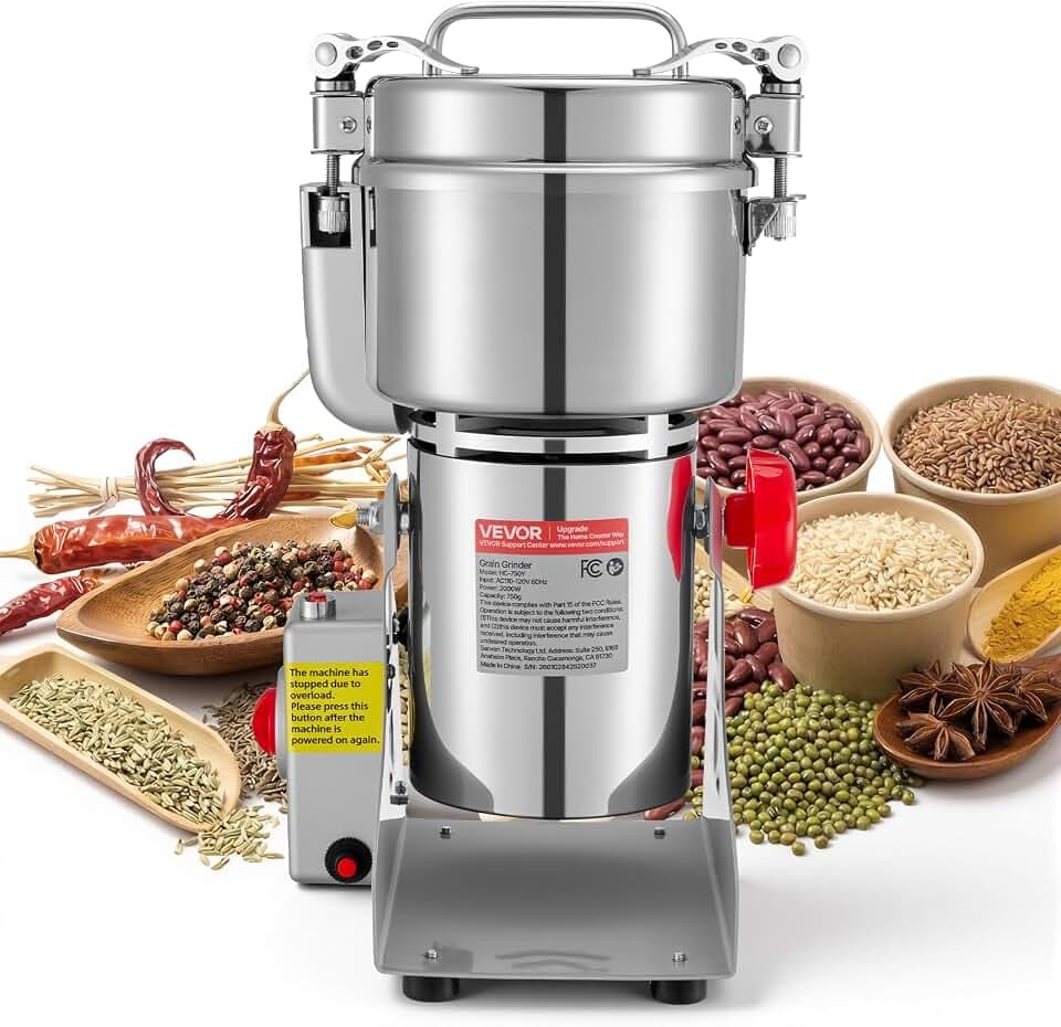 VEVOR 750g Electric Grain Mill Grinder, High Speed 2000W Commercial Spice Grinders, Stainless Steel Pulverizer Powder Machine, for Dry Grains Spices Cereals Coffee Corn Pepper, Swing Type
