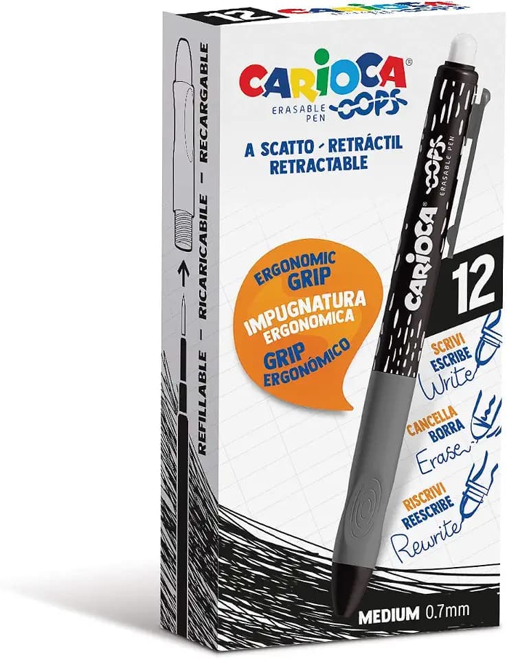 CARIOCA Oops Einziehbare Kugelschreiber-Set, einziehbar, nachfüllbar, für Schule, Universität und Büro, mit integriertem Gummi und ergonomischem Griff, schwarze Kugelschreiber, 12 Stück