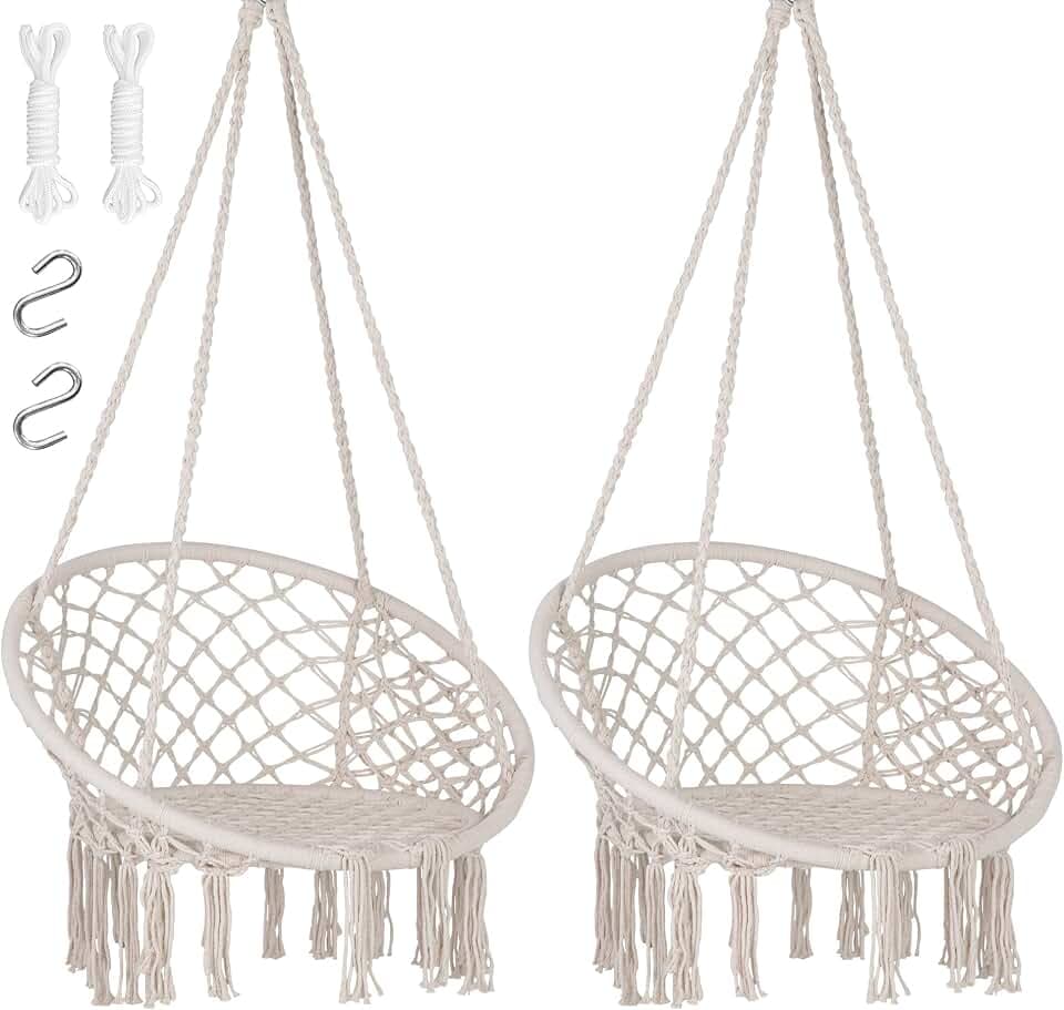 SUNCREAT Hammock Chair Macrame Swing with Side Pocket, Pack of 2, Beige