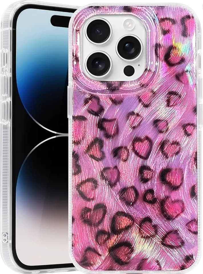 Compatible with iPhone 14 Pro Case,with [Soft Slim][Camera Protection] Cute Leopard Print Love Shiny Aesthetic Phone Cover Anti-Yellowing Shockproof Protective Cover for Women Girl-Pink