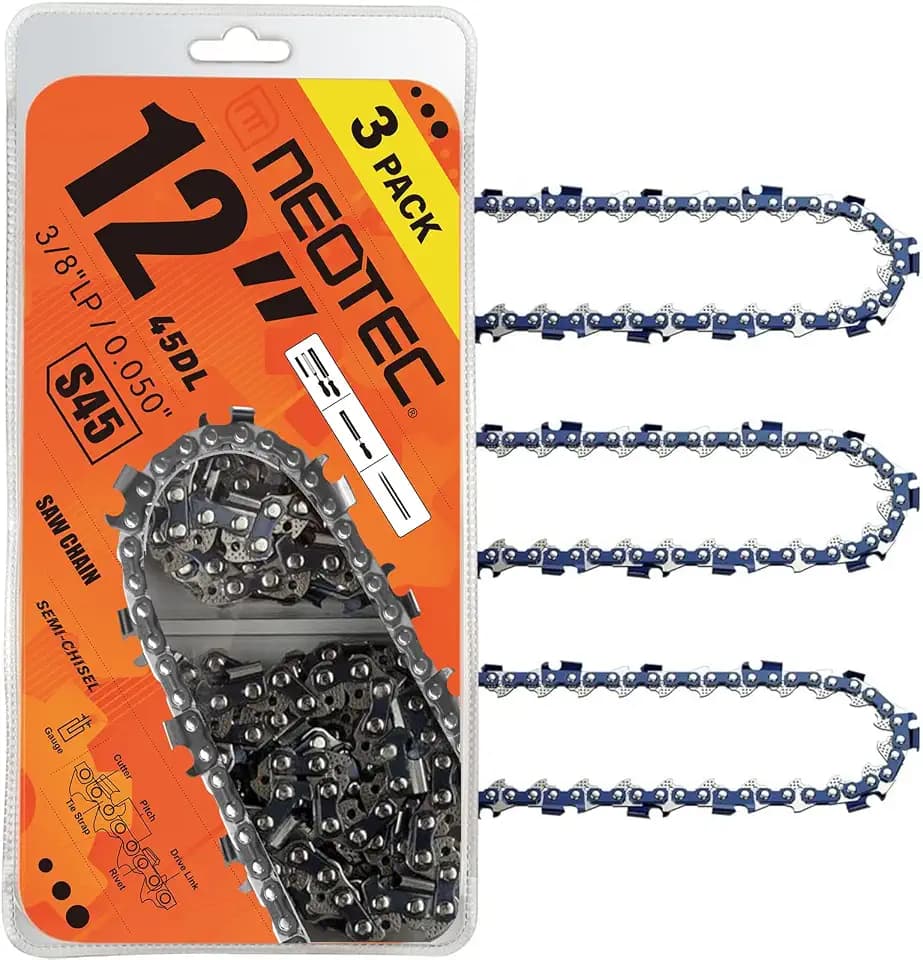 NEO-TEC 12 Inch Chainsaw Chain 3/8" LP Pitch .050" Gauge 45 Drive Links - 91PX45CQ Fits Echo 2511T/271T, Greenworks 20262/20292, Craftsman, Husqvarna, Remington, Hart - S45 (3 Chains) - Semi Chisel