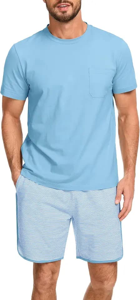 Schlafanzug Herren Kurz Streifen Pyjama Set Sommer Baumwolle Schlafanzüge für Männer Nachtwäsche Shorty Zweiteiler Pijamas