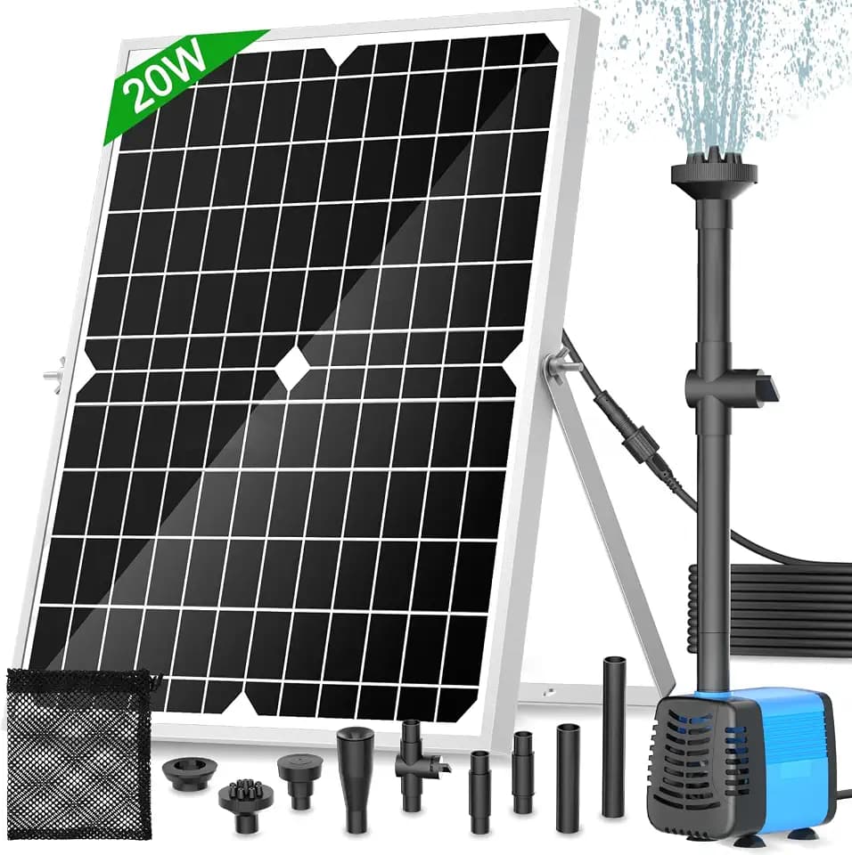 Solarteichpumpe, 20W Solarbrunnenpumpe mit 1325 L/h Durchfluss, 5 m Netzkabel, 4 Sprühmuster & Schmutzfangsack – Ideal für Teiche & Wasseraufstellungen