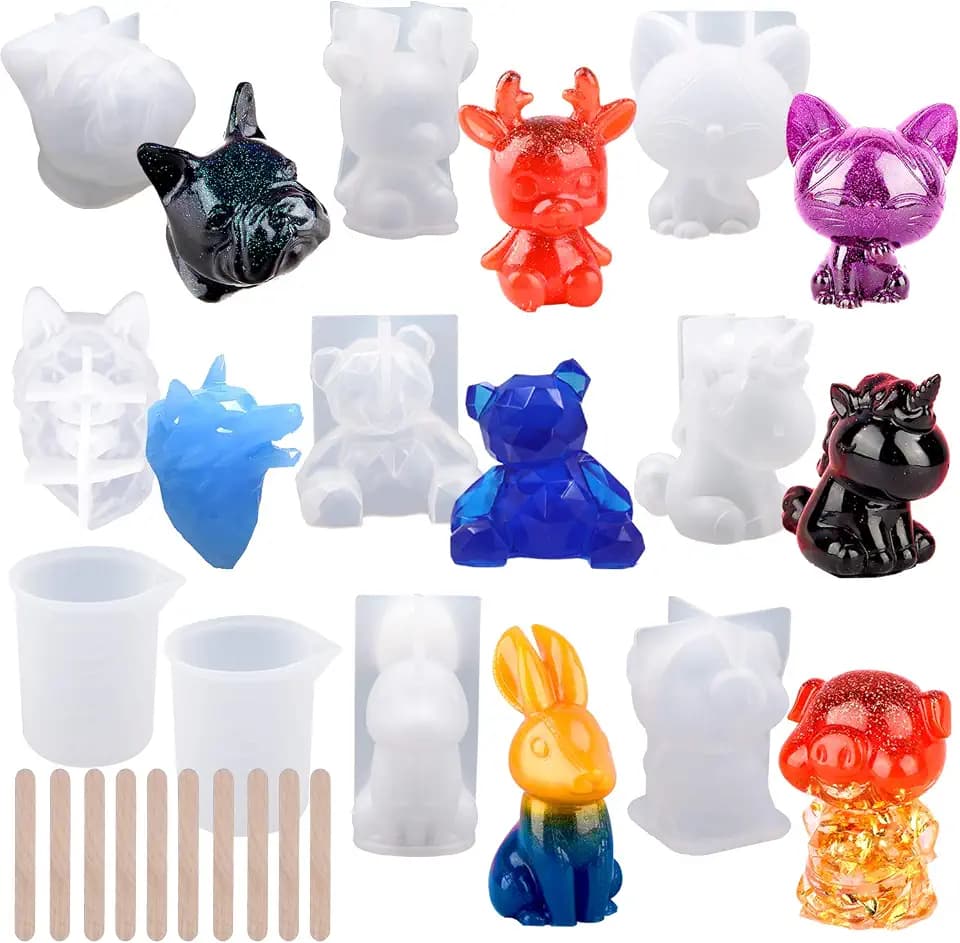 EuTengHao 20Pcs 3D-Tierharz-Formen-Set enthält 8 Harzgussformen, große klare Einhorn-Epoxid-Silikonformen, 2 Messbecher, 10 Holzstäbchen für Kunstharz, Basteln, DIY